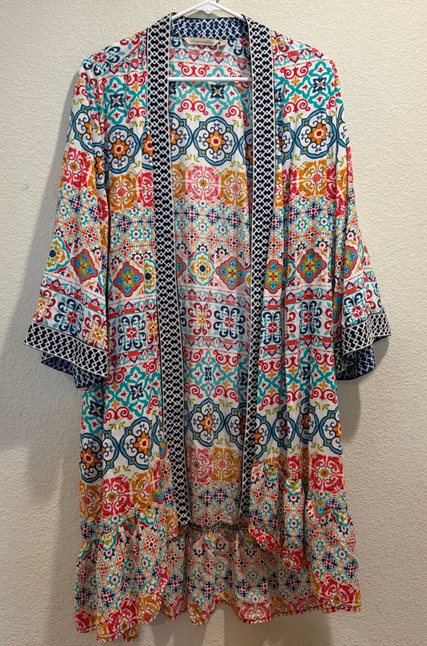 Soft Surroundings Multicolor 3/4 Sleeves Long Open Front Kimono Size S/M